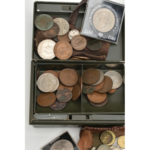 134 - A SHOE BOX CONTAINING SMALL BOXES AND CASH BOX OF MIXED COINAGE, to include 150 grams of silver cont... 