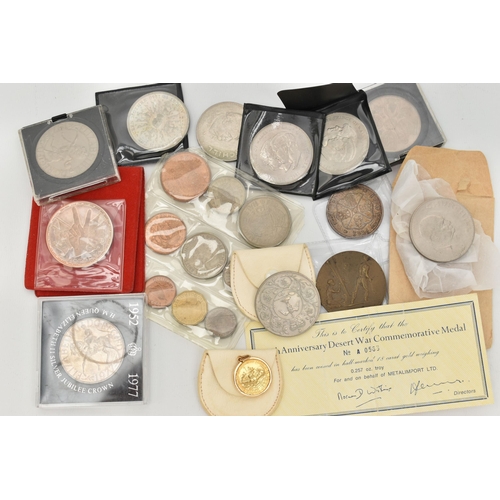 135 - A SMALL BOX CONTAINING COINS AND MEDALS, to include a 25th Anniversary Desert War Commemorative Meda... 