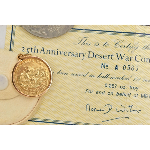 135 - A SMALL BOX CONTAINING COINS AND MEDALS, to include a 25th Anniversary Desert War Commemorative Meda... 