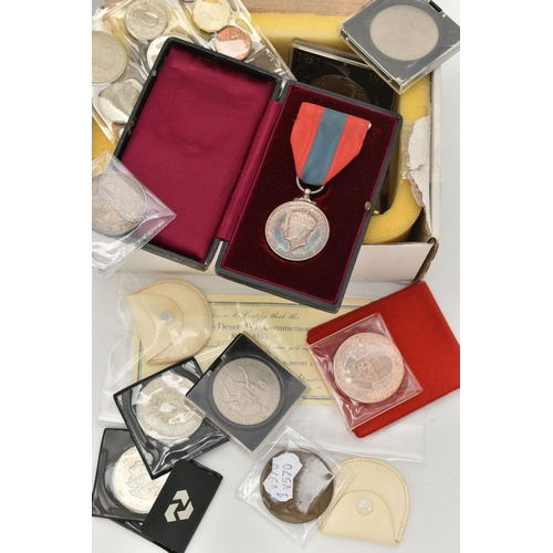 135 - A SMALL BOX CONTAINING COINS AND MEDALS, to include a 25th Anniversary Desert War Commemorative Meda... 