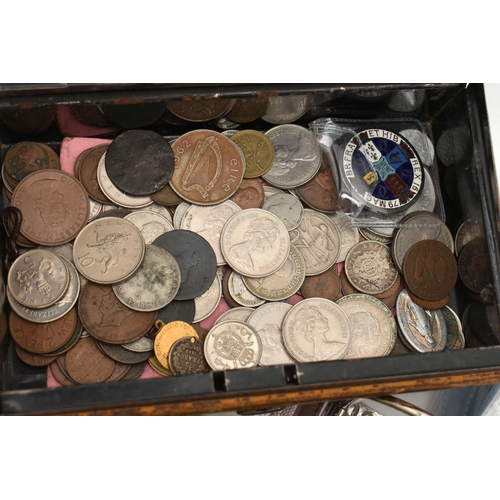 137 - TWO COIN ALBUMS AND TIN OF MAINLY UK COINAGE, to include approximate over one kilo of mixed Silver 2... 