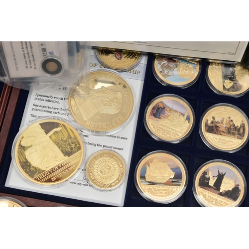 138 - A LARGE AND SMALL CARDBOARD BOXES CONTAINING UK COINS AND COMMEMORATIVES, to include many gold layer... 