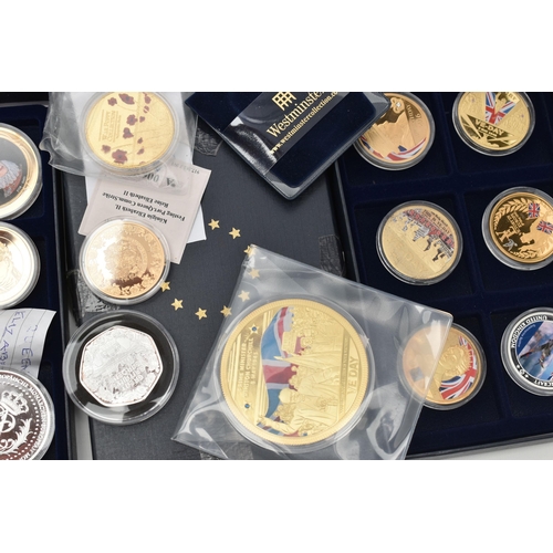 138 - A LARGE AND SMALL CARDBOARD BOXES CONTAINING UK COINS AND COMMEMORATIVES, to include many gold layer... 