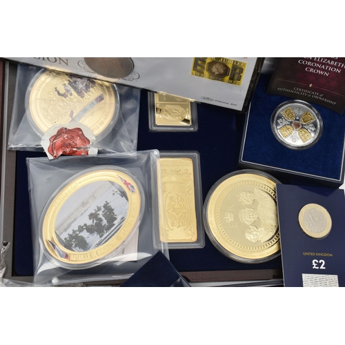 138 - A LARGE AND SMALL CARDBOARD BOXES CONTAINING UK COINS AND COMMEMORATIVES, to include many gold layer... 