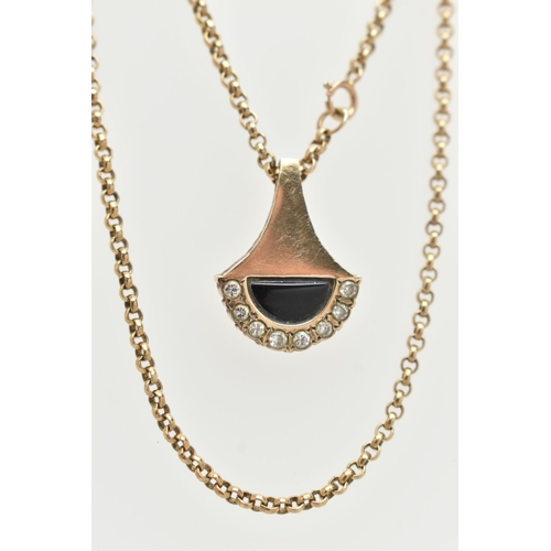 139 - A 9CT YELLOW GOLD DIAMOND AND ONXY PENDANT WITH CHAIN, the abstract design pendant set with an onyx ... 