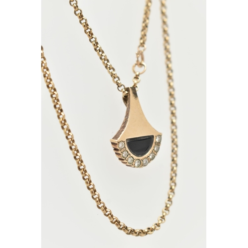 139 - A 9CT YELLOW GOLD DIAMOND AND ONXY PENDANT WITH CHAIN, the abstract design pendant set with an onyx ... 