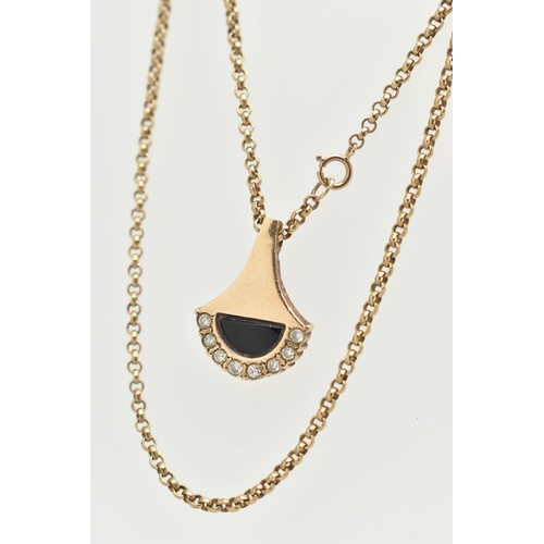 139 - A 9CT YELLOW GOLD DIAMOND AND ONXY PENDANT WITH CHAIN, the abstract design pendant set with an onyx ... 