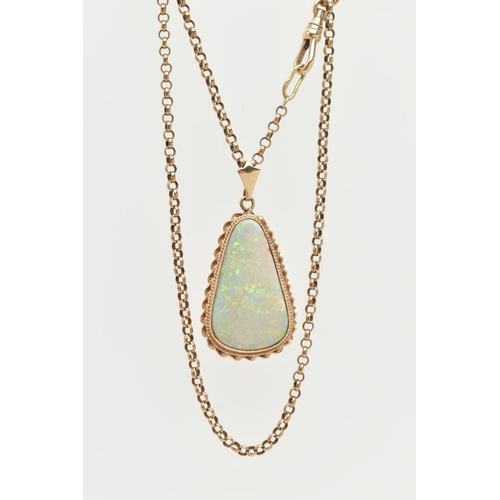 140 - AN OPAL PENDANT AND CHAIN, the triangular opal within a collet and double rope twist surround, suspe... 