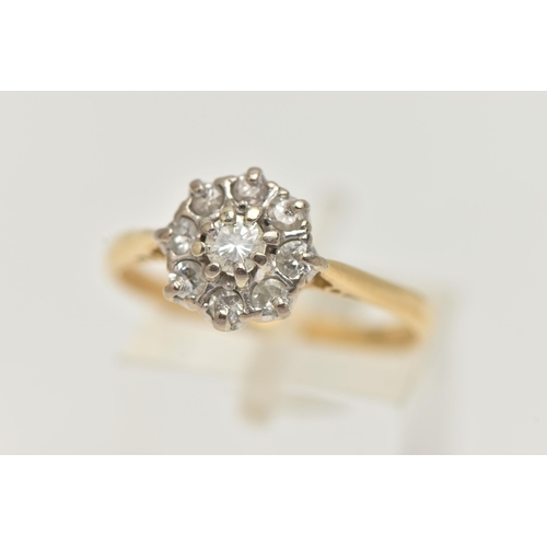 146 - A DIAMOND CLUSTER RING, round brilliant and single cut diamonds set in a white metal mount, leading ... 