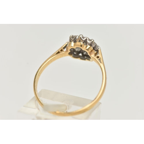 146 - A DIAMOND CLUSTER RING, round brilliant and single cut diamonds set in a white metal mount, leading ... 