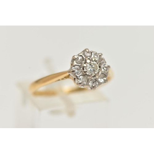 146 - A DIAMOND CLUSTER RING, round brilliant and single cut diamonds set in a white metal mount, leading ... 