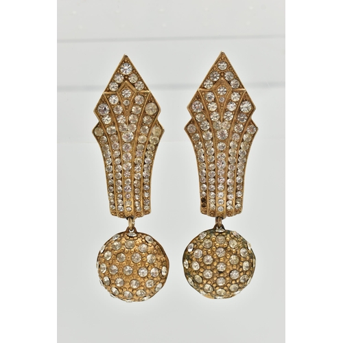 147 - A PAIR OF 'ASKEW' CLIP ON EARRINGS, a pair of large statement earrings, yellow metal and paste, fitt... 