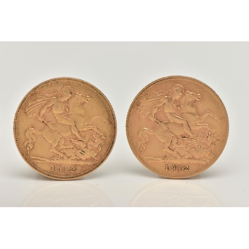 148 - TWO GOLD HALF SOVEREIGN COINS George V 1912, 22ct gold, 19.30mm diameter, approximate gross weight 8... 