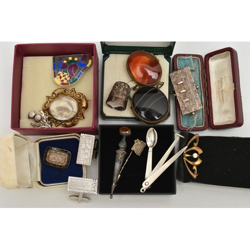 150 - A BOX OF ASSORTED JEWELLERY, to include a small mourning brooch with enamel detail and a plaited hai... 