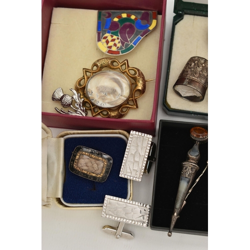 150 - A BOX OF ASSORTED JEWELLERY, to include a small mourning brooch with enamel detail and a plaited hai... 