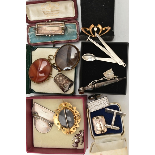 150 - A BOX OF ASSORTED JEWELLERY, to include a small mourning brooch with enamel detail and a plaited hai... 