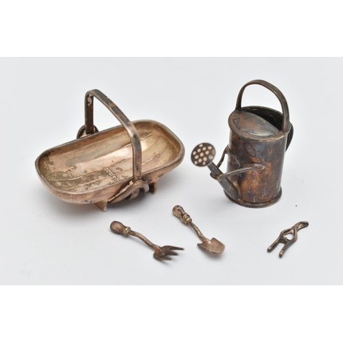 83 - MINIATURE SILVER ITEMS, to include a garden basket hallmarked 'Richard M Whitehouse' London, with th... 