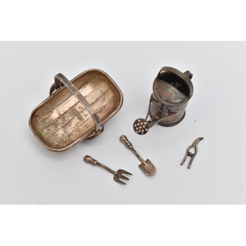 83 - MINIATURE SILVER ITEMS, to include a garden basket hallmarked 'Richard M Whitehouse' London, with th... 