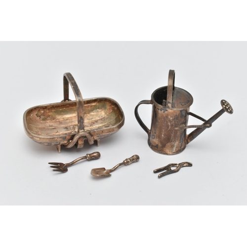 83 - MINIATURE SILVER ITEMS, to include a garden basket hallmarked 'Richard M Whitehouse' London, with th... 