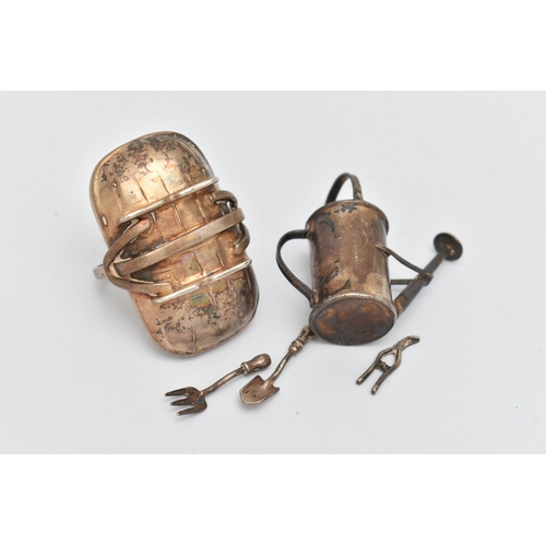 83 - MINIATURE SILVER ITEMS, to include a garden basket hallmarked 'Richard M Whitehouse' London, with th... 