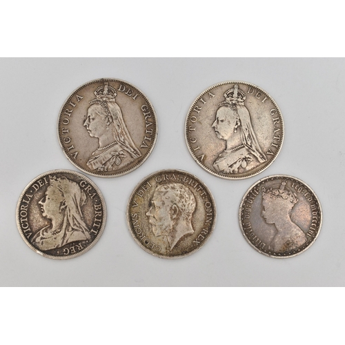 85 - A SMALL SELECTION OF SILVER COINS, to include two Victorian Double Florins, one dated 1887 the other... 