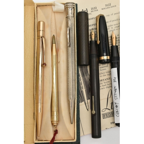 89 - AN ASSORTMENT OF PENS, to include three 'Conway Stewart' fountain pens, nibs stamped 14ct, Esterbroo... 