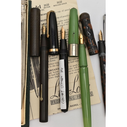 89 - AN ASSORTMENT OF PENS, to include three 'Conway Stewart' fountain pens, nibs stamped 14ct, Esterbroo... 