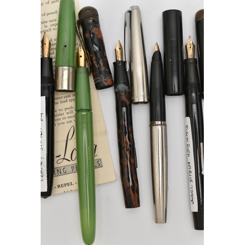 89 - AN ASSORTMENT OF PENS, to include three 'Conway Stewart' fountain pens, nibs stamped 14ct, Esterbroo... 