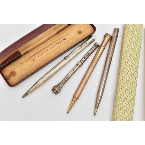 90 - FOUR PENCILS, the first a rolled gold propelling pencil, a boxed 'Yard o' Led' silver pencil, hallma... 