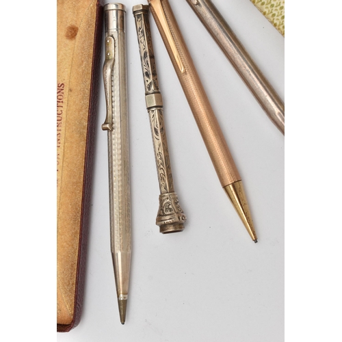 90 - FOUR PENCILS, the first a rolled gold propelling pencil, a boxed 'Yard o' Led' silver pencil, hallma... 