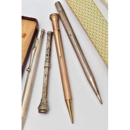 90 - FOUR PENCILS, the first a rolled gold propelling pencil, a boxed 'Yard o' Led' silver pencil, hallma... 