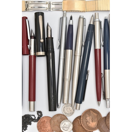 92 - A BOX OF ASSORTED PENS, to include a 'Parker' fountain pen, with a rolled gold lid, a 'Parker' fount... 