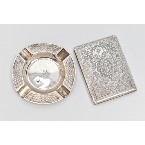 93 - A SILVER ASHTRAY AND A CIGARETTE CASE, circular ashtray, engine turned pattern and engraved initials... 