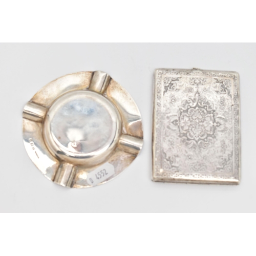 93 - A SILVER ASHTRAY AND A CIGARETTE CASE, circular ashtray, engine turned pattern and engraved initials... 