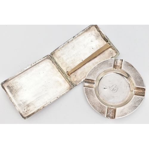 93 - A SILVER ASHTRAY AND A CIGARETTE CASE, circular ashtray, engine turned pattern and engraved initials... 