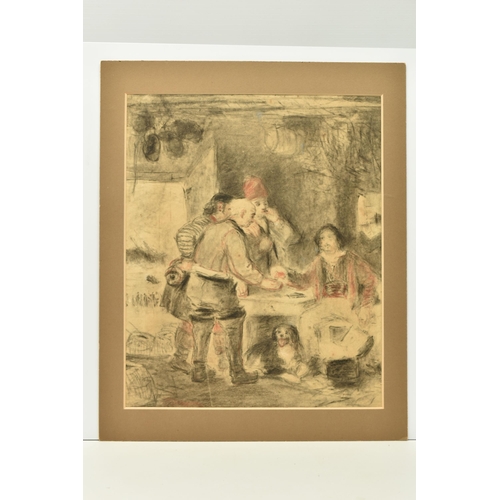 302 - CIRCLE OF SIR DAVID WILKIE (1785-1841) INTERIOR WITH FIGURES, three standing figures appear to be re... 