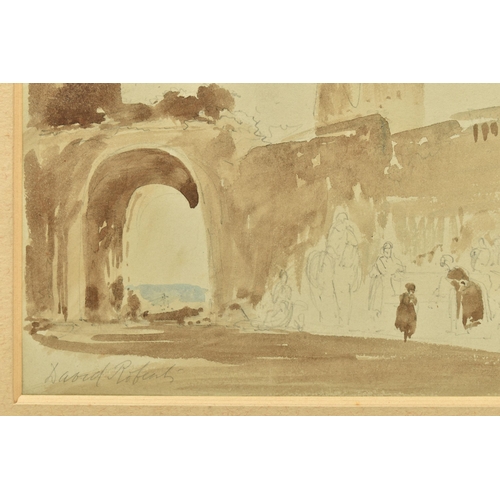 304 - CIRCLE OF DAVID ROBERTS (1796-1864) AN UNFINISHED SKETCH, depicting figures beside the wall of a gra... 