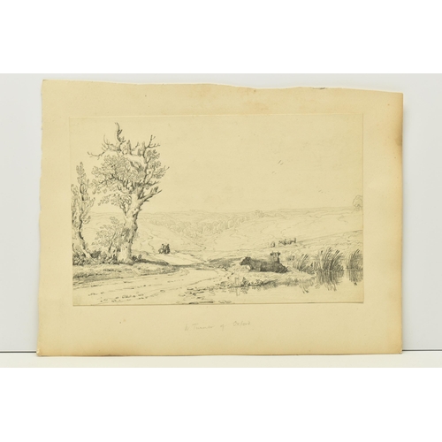 309 - CIRCLE OF WILLIAM TURNER OF OXFORD (1789-1862) A PICTURESQUE LANDSCAPE, cattle are grazing with two ... 