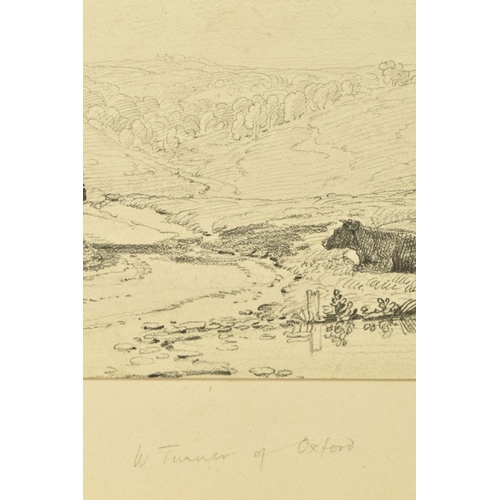 309 - CIRCLE OF WILLIAM TURNER OF OXFORD (1789-1862) A PICTURESQUE LANDSCAPE, cattle are grazing with two ... 