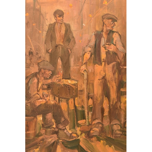 318 - PETER KNOX (BRITISH 1942) 'THE SQUAD, NIGHT SHIFT', three male figures are depicted in an industrial... 