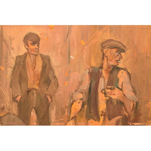 318 - PETER KNOX (BRITISH 1942) 'THE SQUAD, NIGHT SHIFT', three male figures are depicted in an industrial... 