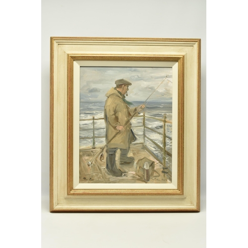 319 - PETER KNOX (BRITISH 1942) 'THE PIER', a nostalgic depiction of a fisherman with flat cap and pipe pr... 