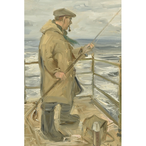 319 - PETER KNOX (BRITISH 1942) 'THE PIER', a nostalgic depiction of a fisherman with flat cap and pipe pr... 