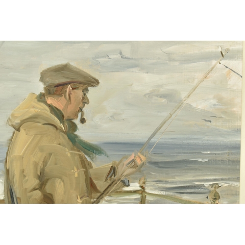 319 - PETER KNOX (BRITISH 1942) 'THE PIER', a nostalgic depiction of a fisherman with flat cap and pipe pr... 