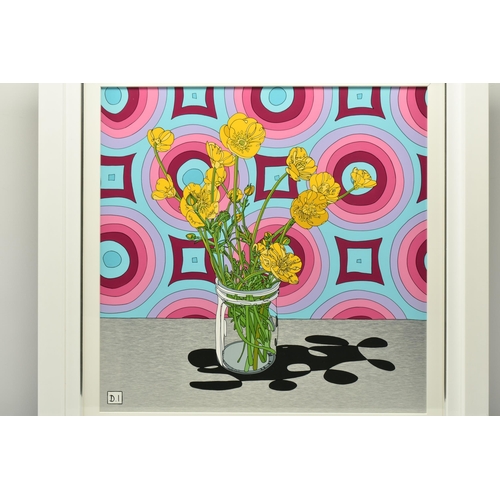 335 - DYLAN IZAAK (BRITISH CONTEMPORARY) 'FLOWERS AND WALLPAPER', a bunch of yellow flowers in a glass jar... 