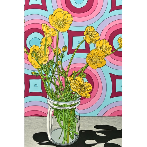 335 - DYLAN IZAAK (BRITISH CONTEMPORARY) 'FLOWERS AND WALLPAPER', a bunch of yellow flowers in a glass jar... 