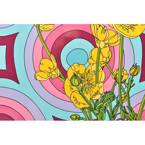 335 - DYLAN IZAAK (BRITISH CONTEMPORARY) 'FLOWERS AND WALLPAPER', a bunch of yellow flowers in a glass jar... 