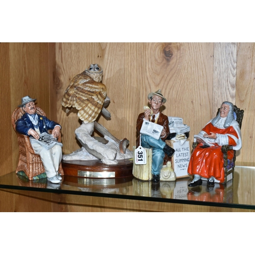 351 - THREE ROYAL DOULTON FIGURINES AND A SCULPTURE OF AN OWL, comprising Stop Press HN2683, The Judge HN2... 