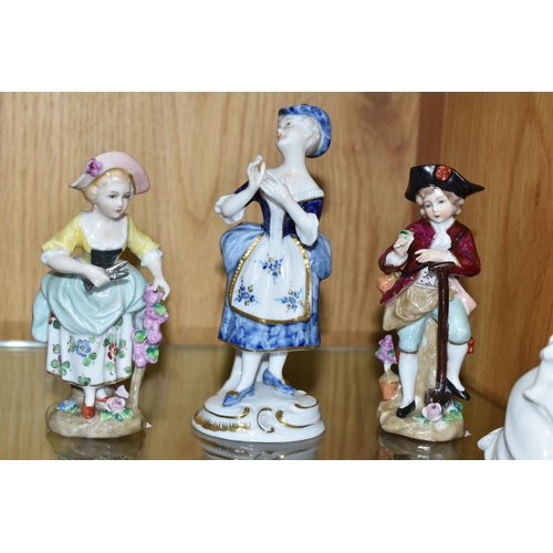 361 - A GROUP OF PORCELAIN FIGURES, comprising a pair of Irish Dresden figures - Romeo and Juliet (Juliet ... 