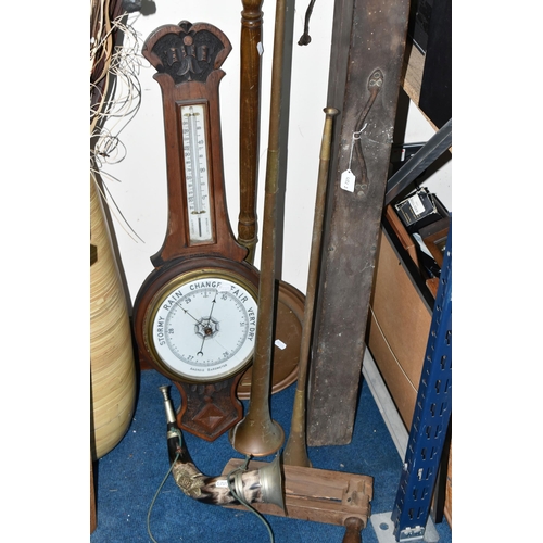 364 - A BAROMETER, COACHING/HUNTING HORNS, A RATTLE AND A WARMING PAN, comprising a horn, brass and plate ... 